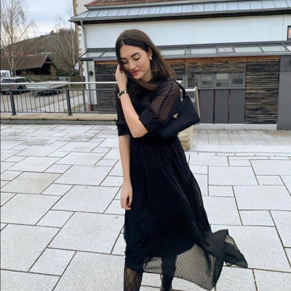 Zara Black Swiss Dot Midi Dress with Tie Dress